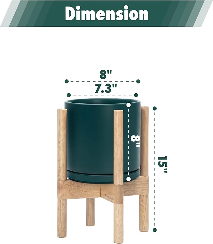 D'vine Dev Ceramic Planter with Natural Stand - 8 Inch Modern Round Flower Pot with Wood Planter Holder, Teal, 55-B-N-4