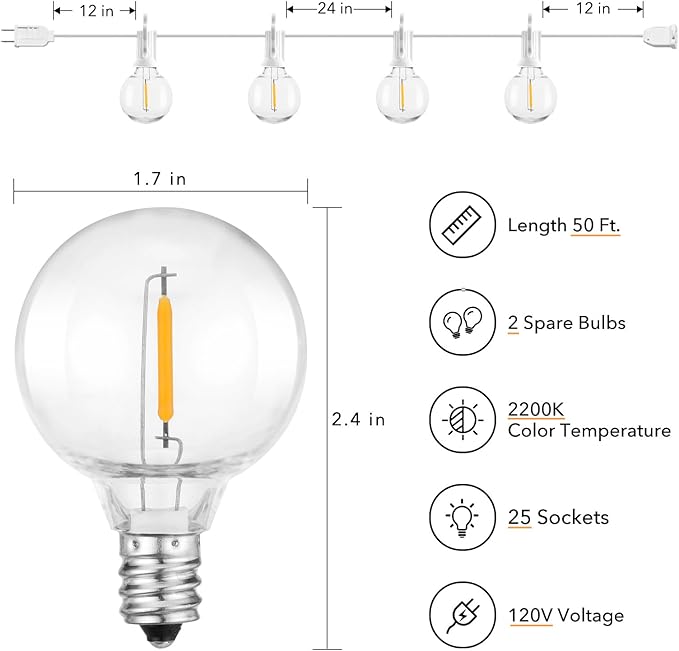 Outdoor String Lights - 50 Ft Waterproof Connectable Commercial LED Patio Lights with 25 G40 Globe Bulbs, All Weatherproof Hanging Globe Lights for Outside Backyard Porch Party Decoration