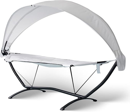 Island Retreat Sea Breeze Steel Frame Hammock Lounge Chair with Canopy - Luxury Shaded Hammock with Stand for Outside - Boho Style Beach Chair with Adjustable & Removeable Canopy - Black & Champagne