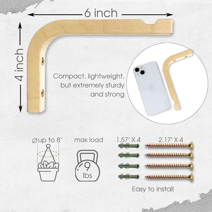 2-Piece Set of Plant Hooks for Wall 6 inch - Mounted Wooden Plant Hook - Indoor and Outdoor Bracket Plant Hanger for Planters, Lanterns, Bird Feeders, Patio Decorations (Natural)