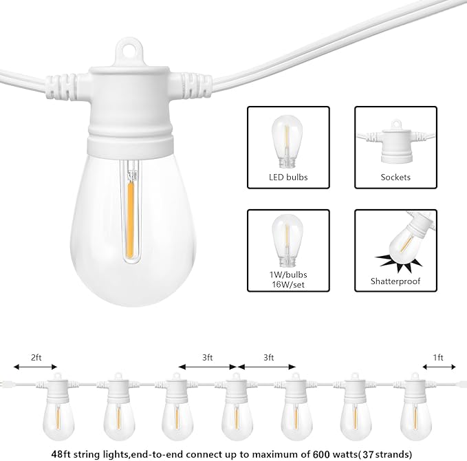 SUNTHIN White String Lights, 48ft White Outdoor Lights with 16 1W Shatterproof LED Bulbs for Patio, Garden, Backyard, Porch, Cafe, Deck, Wedding, Party