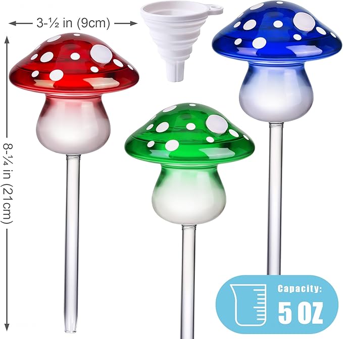 NiHome Glass Mushroom Plant Self Watering Globe Set of 3 Colors, Durable Hand-Blown Glass Bulbs Automatic Home Plant Hydration System for up to 3 Weeks, Easy Refill Design with Adjustable Flow Rate