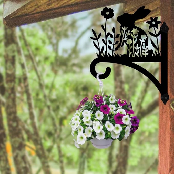 Peacoblue Iron Plant Hangers Hooks for Outdoor Indoor Hanging Plants Flower Fern Pots, Lantern, Bird Feeder, Wind Chimes, 12”x14” Weather Resistant Metal Wall Holder for Porch Garden Farmhouse(Rabbit)