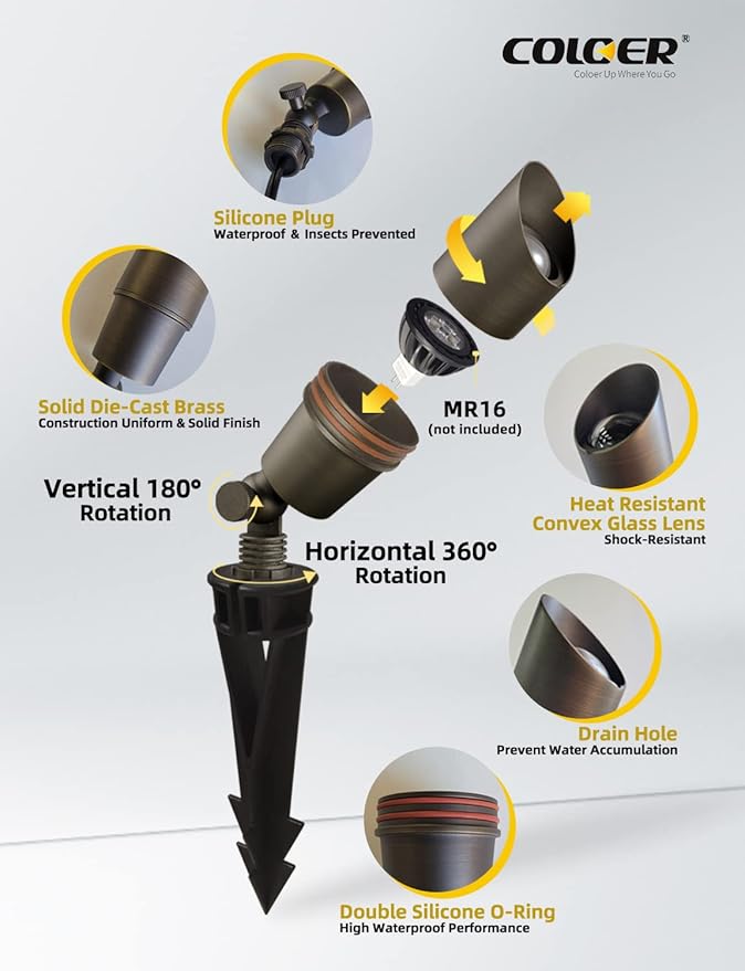 COLOER Die-cast Brass Low Voltage Spotlight, Outdoor Spot Lights for Yard,12V AC/DC LED Landscape Lighting Fixture, Directional Garden Patio Spot Up Light(Bronze, 1-Pack Without Bulb,101B)