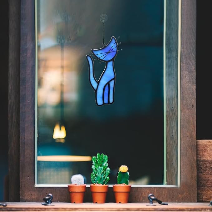 Cat Decor Stained Glass Window Hangings,Blue Cat Suncatcher for Window Cat Ornament Home Decor,Cat Themed Gifts for Women Cat Lovers Gifts,Great for Livingroom Bedroom