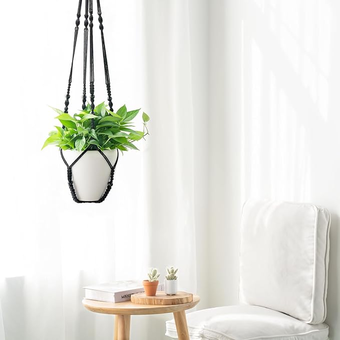 Mkono 43 Inch Macrame Plant Hanger Large for up to 12 Inch Pot Extra Long Hanging Plant Holder No Tassels Hanging Planter Basket with Wood Beads for Indoor Outdoor Boho Home Decor, Black