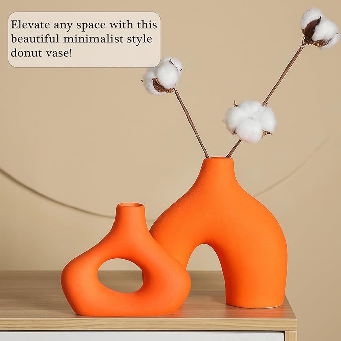 CEMABT Orange Ceramic Vase Set of 2 for Modern Minimalist Bohemian Decor，Round Matte Donut Vases for Pampas Grass-Perfect for Living Room, Dining Table, Office Bedroom Shelf Decor Entryway, Console