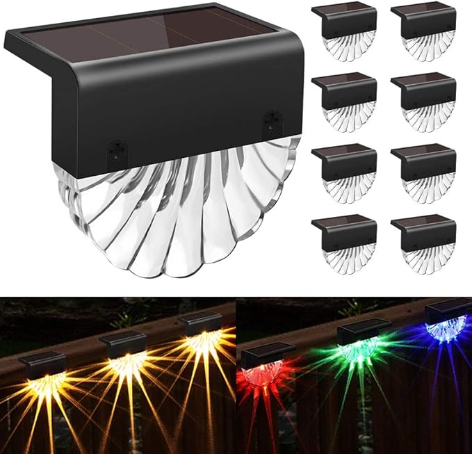 Solar Deck Lights Outdoor - 8 Pack Solar Step Light Waterproof Solar Fence Lights for Patio Stairs Post Pathway Porch Driveway Garden Decor, Warm White/LED Color Glow