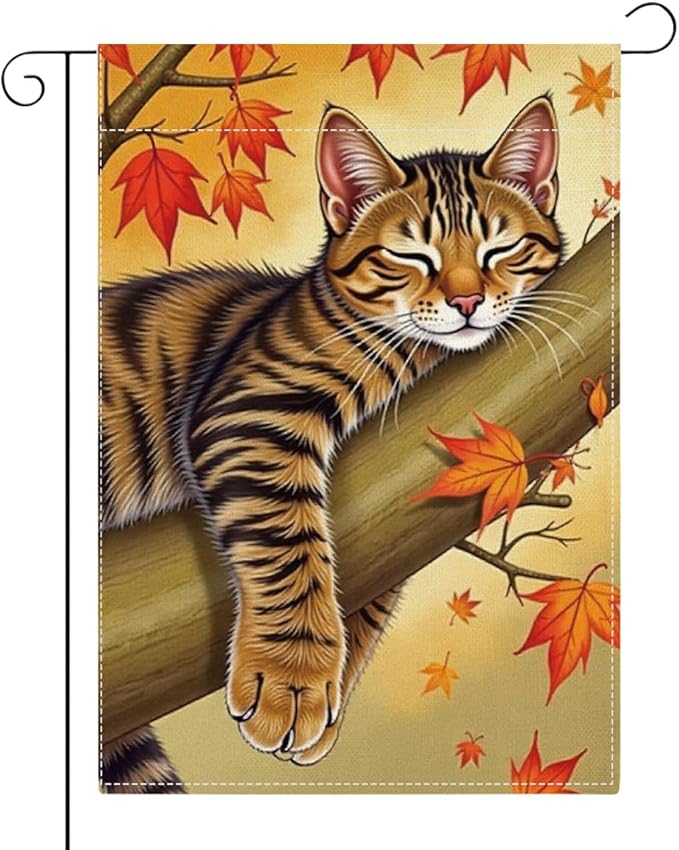 Fall Garden Flag Autumn Cat Garden Flag 12x18 inch Double Sided Fall Thanksgiving Maple Leaves Holiday Flags Decorations for Yard Outdoor Porch (Flay 1805)