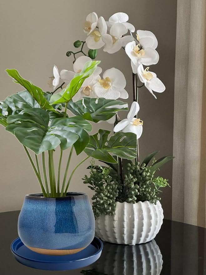 2 Pack Ceramic Plant Saucer Pot Tray 6 Inch, Planter Saucers 4 5 6 7 8 9 10 11 12 13 Inch for Indoors Outdoor, Durable Sturdy Flower Drainage drip Water Tray for Glazed Pots Base (6.4 Inch-Blue)