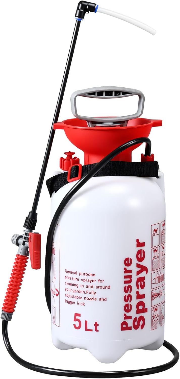 Honeydak 1.3 Gallon 5L Garden Pump Pressure Sprayer Watering Can Device for Watering Hanging Plant Basket Hard to Reach Pump Sprayer for Weeds, Lawn Care & Pesticides (Red)