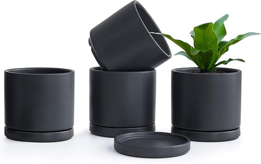 D'vine Dev Set of 4 Small Ceramic Plant Pots, 4.6 Inch Succulent Planter Pot for Plants with Drainage Hole and Saucer, Black, 94-X-B-2