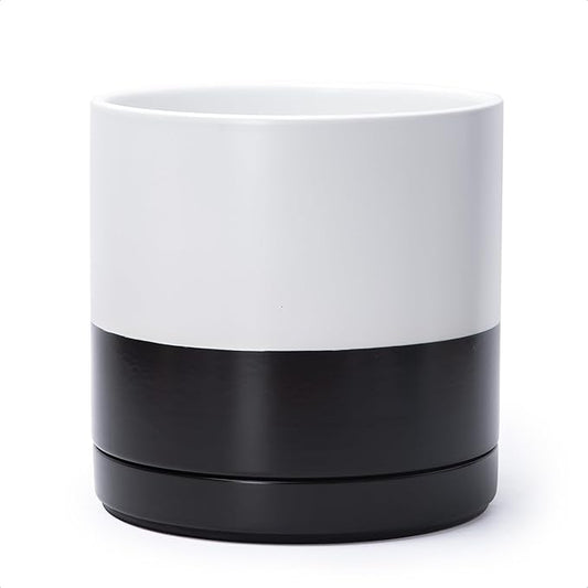 D'vine Dev 10 Inch Ceramic Planter Pot with Drainage Hole and Saucer, Indoor Cylinder Round Planter Pot, Layered Monochrome Black & White, 94-O-E-L