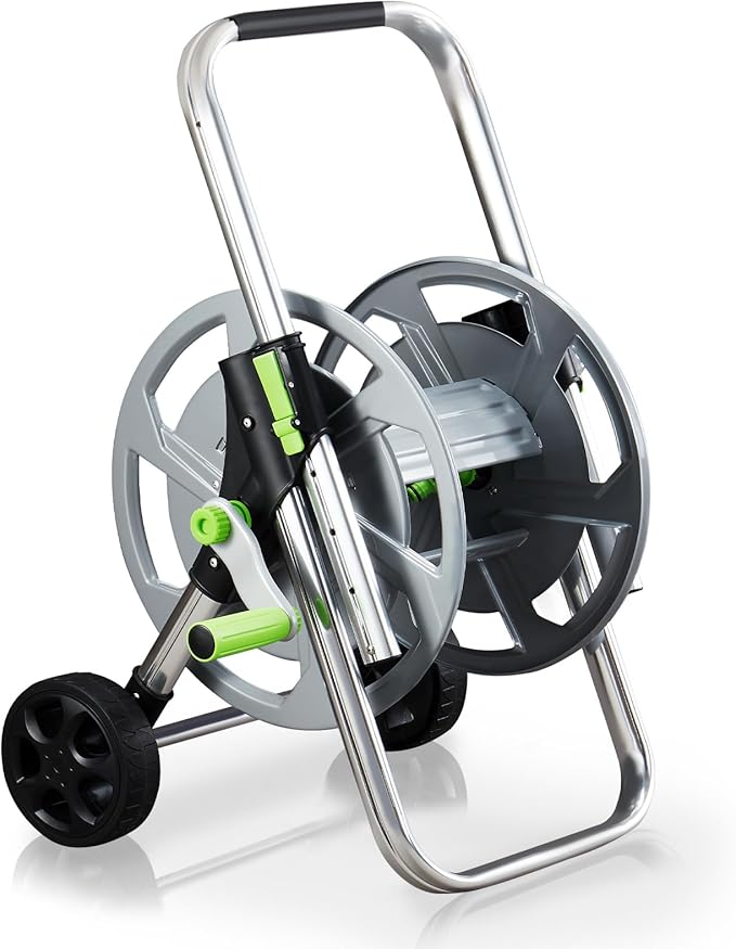 Garden Hose Reel Cart, Holds 75-150 Feet of 5/8-Inch Hose, Portable Hose Reel Cart With Wheels,Adjustable Handrail, Quick Hose Connector