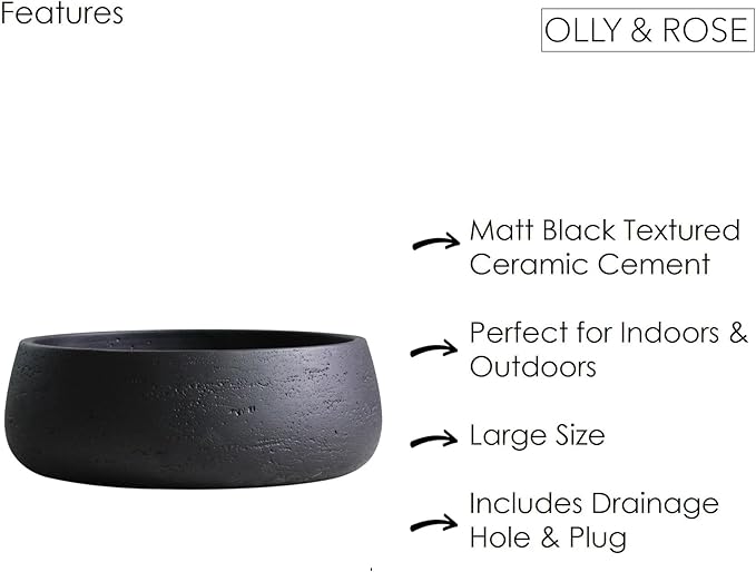 Olly & Rose Copenhagen Large Ceramic Planter Bowl Shallow Plant Pot - Matt Black Flower Pot Indoor and Outdoor Garden Décor…