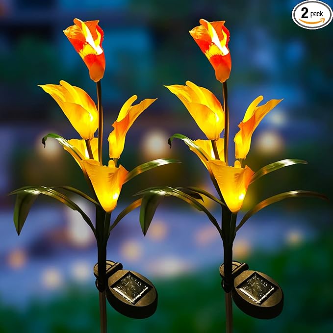 Veesee Solar Calla Lily Light, 2-Pack Solar Powered Flower Lights, Outdoor Multi-Color Changing Stake Lamp, Christmas Gift LED Yellow Calla Lily Lights for Garden Outdoor Landscape Lawn Yard