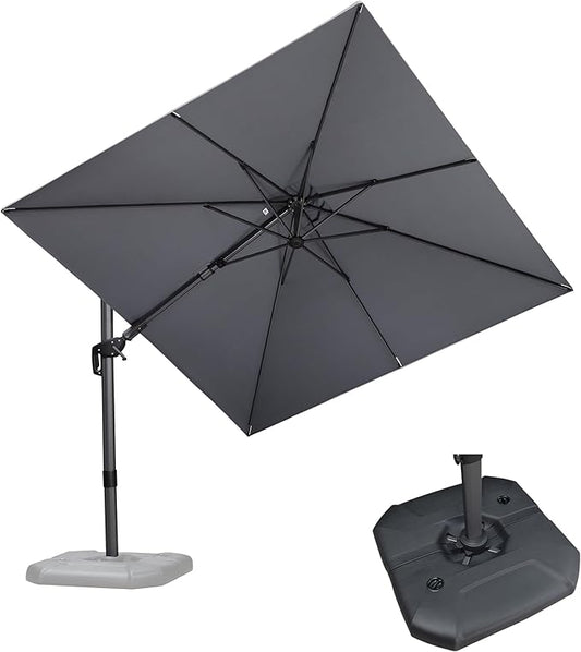 PURPLE LEAF 8.8' X 8.8' Left-right Tilt Patio Umbrella with Base Outdoor Cantilever Swivel Square Umbrella Aluminum Offset Umbrella with 360-degree Rotation for Garden Deck Pool Patio Light Grey