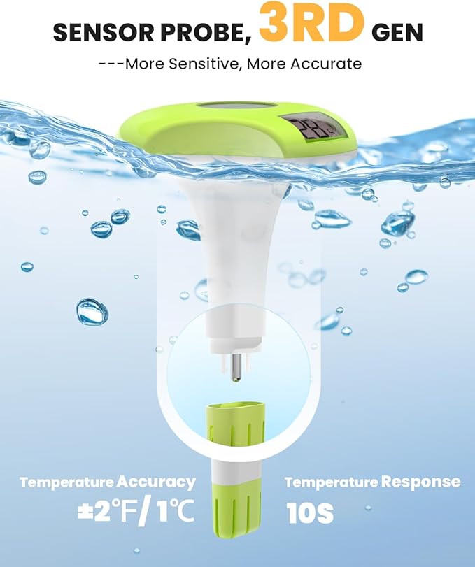 BALDR Pool Thermometer Floating Easy Read, IPX8 Waterproof, Solar Powered Digital Pool Thermometer with LCD Screen,Suitable for Swimming Pool/Hot Tub/Hot Spring/Aquarium (Green)