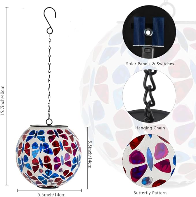 Hanging Solar Lanterns Outdoor Waterproof, Decorative Mosaic Butterfly Solar Lantern, Gazing Ball Globe Hanging Lantern for Patio Garden Yard Home Decor