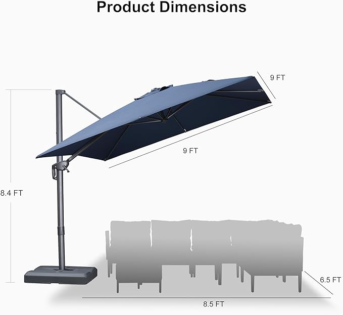 PURPLE LEAF 9 FT Cantilever Patio Umbrella Outdoor Aluminum Offset Square Umbrella with 3 Years Fade Resistance Recycled Fabric and 360-degree Rotation for Deck Pool Garden,Ocean Slate