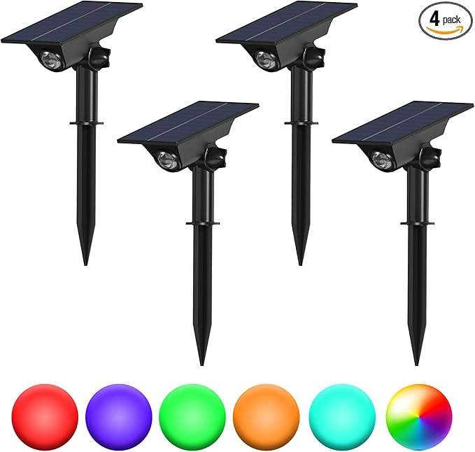 4 Pack Color Changing Solar Power Spot Lights for Halloween Decorations, IP65 Outdoor Waterproof LED Landscape Spotlight Lamp for Outside Yard, Tree, Flag, Garden, Statues(Color Light)