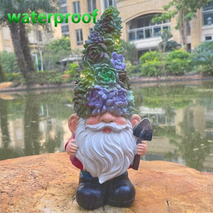 Solar Powered Gnome with Flower Hat and Shovel, Decorated Solar Light, Garden Decorations Statues, Garden Light Decor