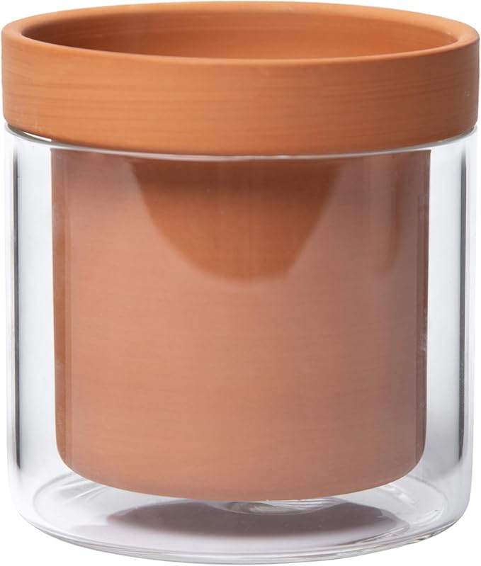 Phoenix Vine 4 Inch Self Watering Planter Pot, Terracotta Clay Pot with Glass Reservoir for Indoor Plants, Herbs, Flowers, Set of 1, 52-A-E-1