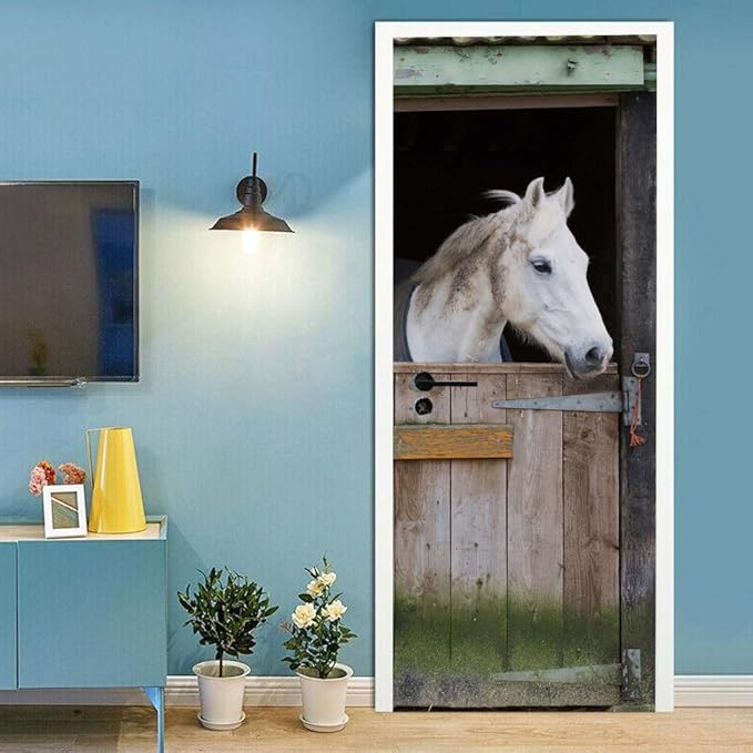 Horse 3D Door Stickers Murals - Peel & Stick - Waterproof & Washable - Matt Finish - Rustic Style - Animal Print - Removable - 37.4" x 84.6"