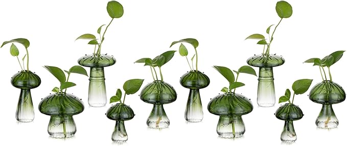 Glasseam Mushroom Plant Propagation Stations: Green Glass Terrarium Jar Set of 10 Cute Planters for Indoor Plants Mini Propagate Station Unique Christmas Birthday Gifts for Women Home Office Decor