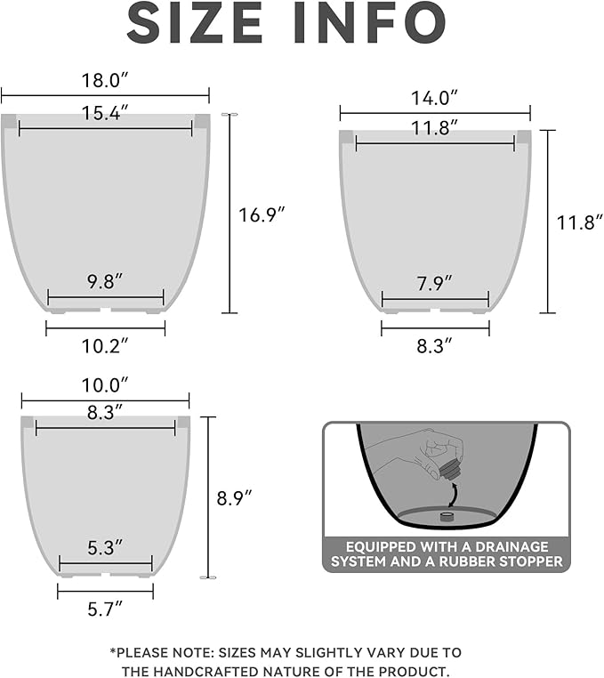 Kante 18",14",10" Dia Concrete Round Planters (Set of 3), Outdoor Indoor Large Planter Pots with Drainage Hole and Rubber Plug for Home Patio Garden, Dark Gray