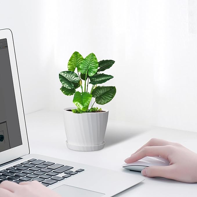 6 Inch Plant Pots Bulk, 6 Pack Plastic Planters with Drainage Holes and Saucers for Indoor Outdoor House Plants and Flowers, White