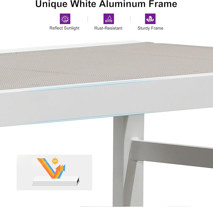 PURPLE LEAF Outdoor Chaise Lounge Staight Legs Adjustable Sunbathing Recliner with Side Table Khaki 2 Sets