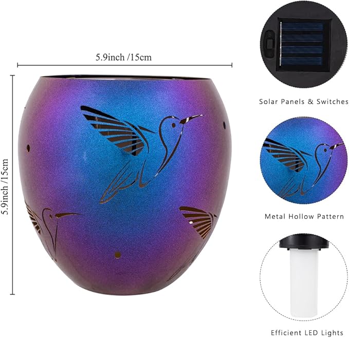 VEWOGARDEN Solar Lanterns Outdoor Waterproof Hummingbird Hollowed-Out Metal Lantern Solar Lights with Flickering Flame for Patio Porch Table, Purple