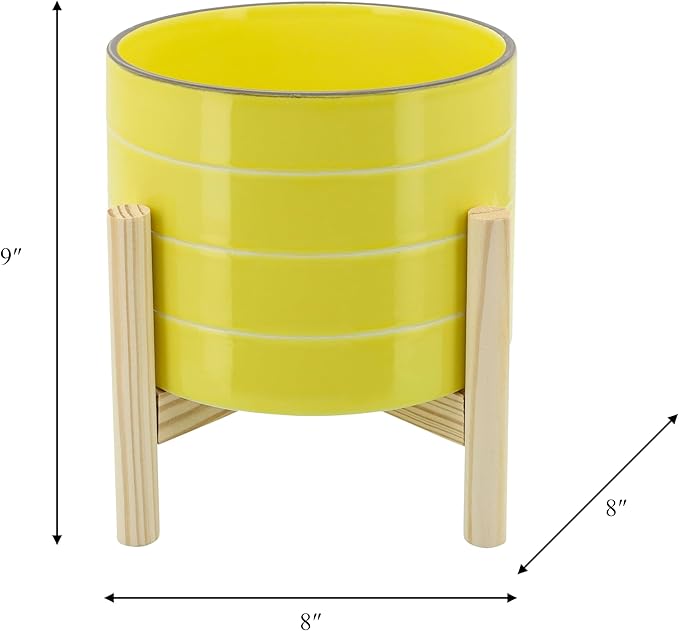 Sagebook Home 8" Planter on Stand - Ceramic Planter on Wooden Base - Contemporary Yellow and White Striped Design Indoor or Outdoor Plant Stand Decor