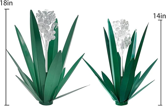 Metal Agave Plant Garden Art, 2 Pack Tequila Rustic Sculpture, Rustic Metal Agave Plants Garden Lawn Home Ornaments, for Yard Stakes, Garden Figurines, Outdoor Patio (2 PCS White Flowers)