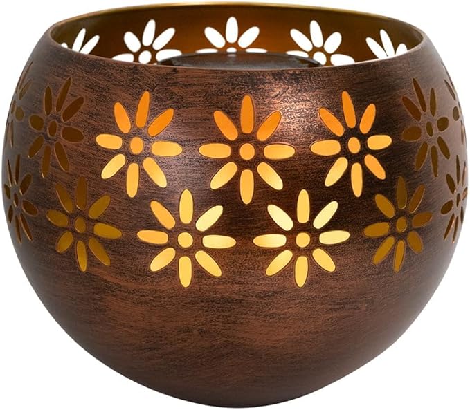 Original Solar Fire Bowl 8” (2-Pack) Decorative Metal Solar Patio Light with Flickering Flame, Waterproof Dusk-to-Dawn Garden Lantern in Bronze/Copper