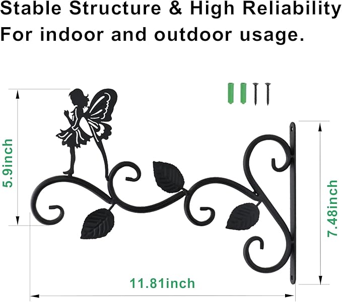 Hanging Plants Bracket 12" Angel Planter Outdoor Hooks Hangers for Flower Baskets Pot Bird Feeder Wind Chimes Lanterns Patio Garden Outdoor Indoor Metal Black, 4 Pack
