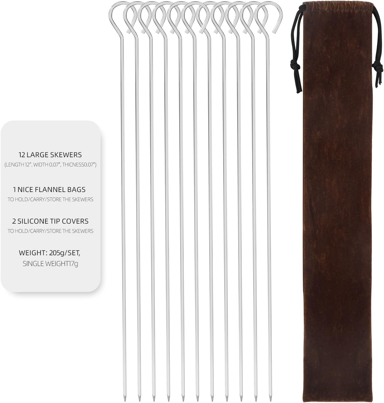 12" 12 Pack - Metal Skewers Reusable Kabob Skewers BBQ Barbecue Skewers for Grilling, Stainless Steel