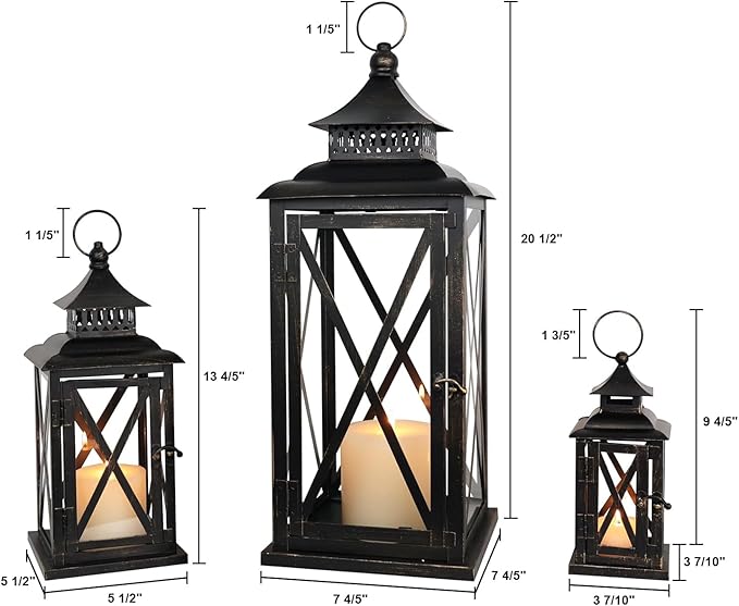 DECORKEY 3PCS (20’’&13’’&9’’) Lanterns Decorative Indoor & Outdoor, Vintage Metal Frame Candle Holders for Front Porch, Patio, Pathway, Balcony, Garden, Yard Decor, Halloween Christmas Decorations