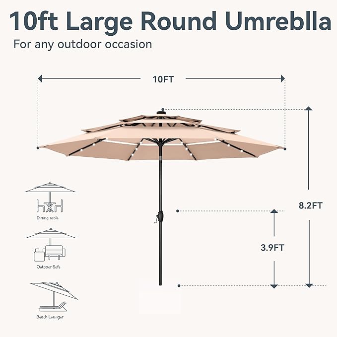 GREEN PARTY 10ft Outdoor Patio Umbrella, Auto-Tilt Market Table Umbrellas with Crank, 8 Sturdy Ribs & 1.5" Pole UV Protection for Garden Deck Backyard Pool