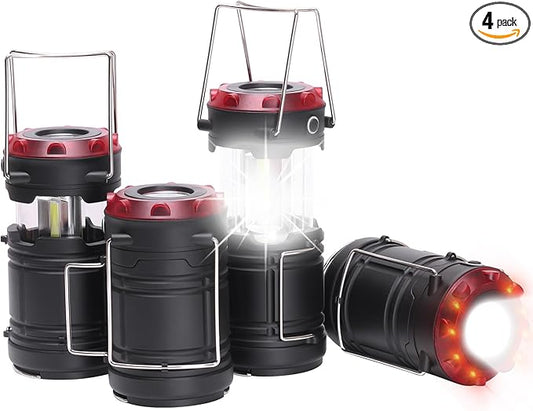 Lichamp 4 Pack Lantern Camping Essentials Lights, Battery Powered Collapsible Lanterns Flashlights with Red Strobe/SOS, Magnetic Base, for Power Outages, Hurricane, Tent Lights for Emergency