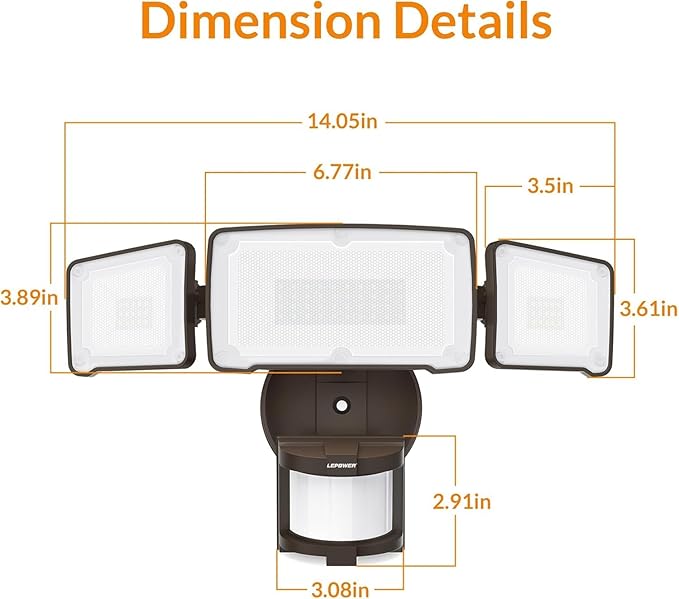 LEPOWER LED Security Light Motion Sensor Light Outdoor, 38W 4200LM Motion Security Light, 5500K, IP65 Waterproof, 3 Head Motion Detected Flood Light for Garage, Yard, Porch (Not Solar Powered, Brown)