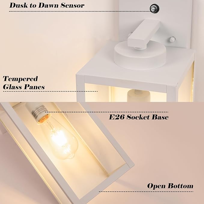 16-inch White Dusk to Dawn Outdoor Wall Light Fixtures, Exterior Waterproof Wall Lanterns, Large Porch Sconces Lighting, Modern Outside Lights for House Patio Front Door Entryway, 2-Packs