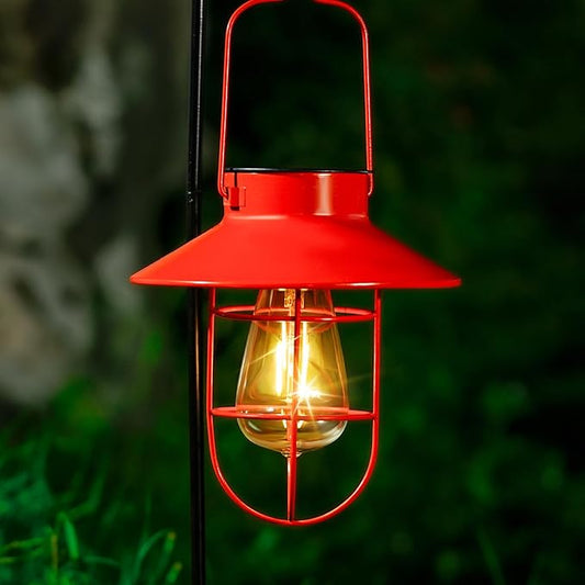 Solar Lights Lantern Lamp with Shepherd Hook, Solar Metal Lanterns, Outdoor Lights Decor,Edison Bulb Lights for Garden ,Outside Decor for Pathways,Patio, Lawn, or Landscaping(Red)