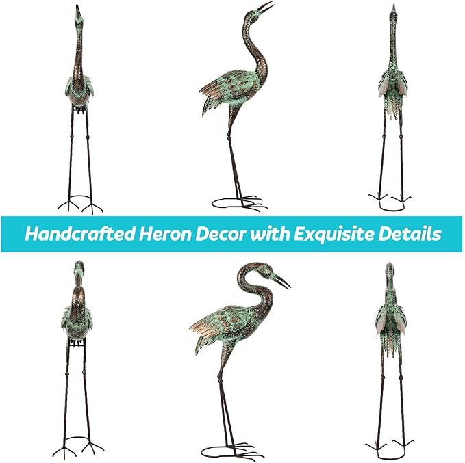 Shorayn Garden Crane Statues, Blue Heron Sculptures for Outdoor, Cranes Decor Metal Bird, Patina Garden Art Lawn Ornaments for Yard Patio Porch Outside Decorations