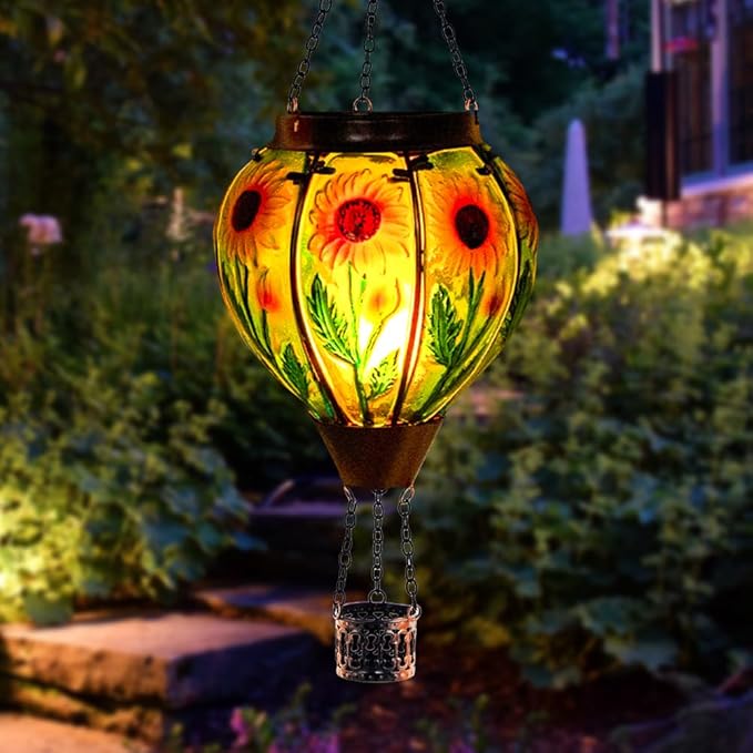 Starsoul 2 PC Sunflowers Hot Air Balloon Solar Lantern with Flame Glass Hanging Outdoor Hot Air Balloon Solar Light Waterproof Garden Patio Yard Party Decorations