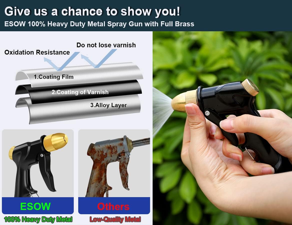 ESOW Garden Hose Nozzle, 100% Heavy Duty Metal Spray Gun with Full Brass Nozzle, High Pressure Watering Nozzle, Adjustable Spray Water Flow for Watering Plants, Showering Pet, Washing Car, Cleaning