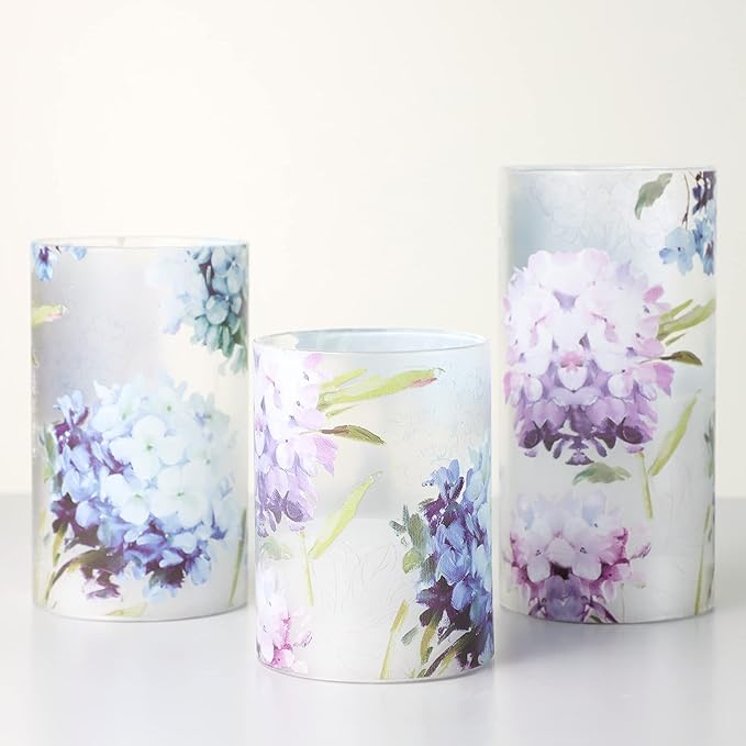 Floral Flameless Candles Decorative Battery Operated with Remote Hydrangea Flowers Romantic Lovers Flickering Pillar Candles for Wedding Tray Centerpiece Home Decor