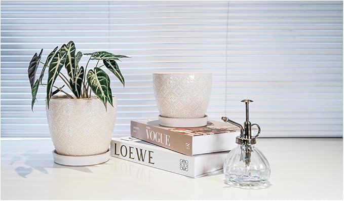 Docrin Ceramic Plant Pots Indoor: 6.6 + 5.5 Inch Planters with Drainage Holes and Saucer for Home/Office - Set of 2 /White