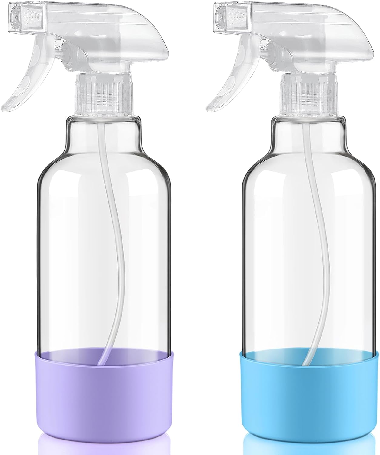 Glass Spray Bottles with Silicone Sleeve 16.9oz 2 Pack Empty Spray Bottle for Hair Mist/Stream Spraying for Cleaning Solutions, Plants, Essential Oils (clear-sblue&purple)